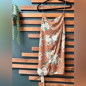 Vici Floral Leopard Wrap & Side Tie Midi Skirt - Brown, Blue and Cream Size L